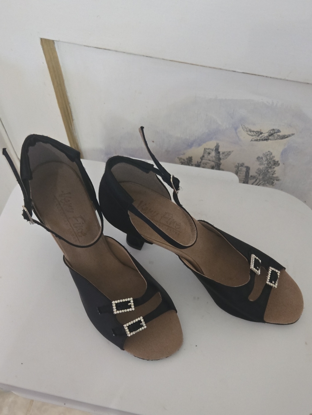Very Fine Dancer Shoe In Black Satin Open-Toe Slingback Heels with Buckles